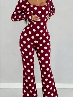 Burgundy Polka Dot Long-Sleeve Scoop-Neck Jumpsuit